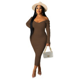 Solid Ribbed Long Sleeve Slim Midi Dress ME-21S951