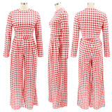 Houndstooth Print Long Sleeve Wide Leg Pants 2 Piece Sets SFY-2139