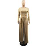 Plus Size Casual Solid Long Sleeve Two Piece Pants Set FOSF-8092