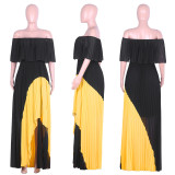Chiffon Contrast Color Slash Neck Irregular Pleated Maxi Dress ME-Q297
