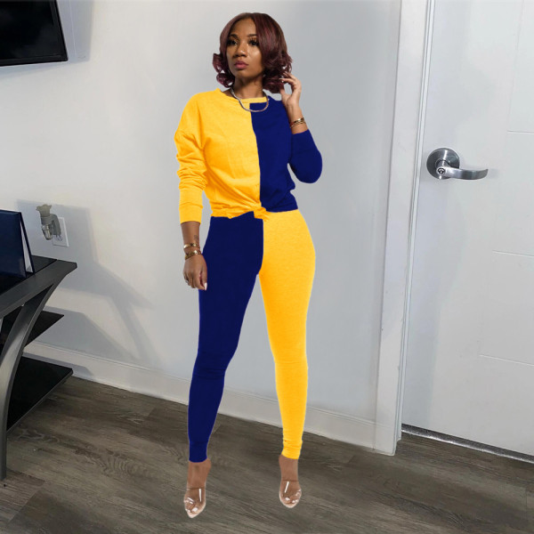 Contrast Color Patchwork Long Sleeve 2 Piece Pants Set SFY-H158
