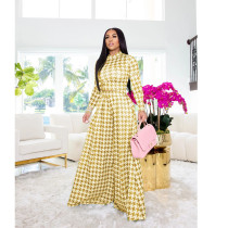 Houndstooth Print Long Sleeve Wide Leg Pants 2 Piece Sets SFY-2139