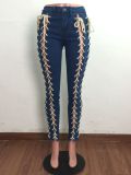 Denim Lace-Up Mid-Waist Skinny Jeans Pants LA-3287