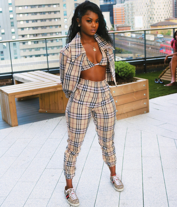 Plus Size Plaid Short Coat+Bra Top+Pants 3 Piece Sets LSL-6174
