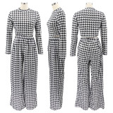 Houndstooth Print Long Sleeve Wide Leg Pants 2 Piece Sets SFY-2139