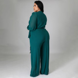 Plus Size Solid V Neck Long Sleeve Sashes Jumpsuit NNWF-7325