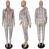 Plus Size Plaid Short Coat+Bra Top+Pants 3 Piece Sets LSL-6174