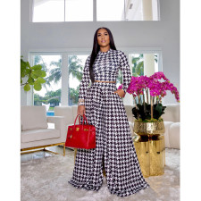 Houndstooth Print Long Sleeve Wide Leg Pants 2 Piece Sets SFY-2139