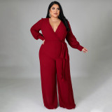 Plus Size Solid V Neck Long Sleeve Sashes Jumpsuit NNWF-7325