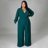 Plus Size Solid V Neck Long Sleeve Sashes Jumpsuit NNWF-7325