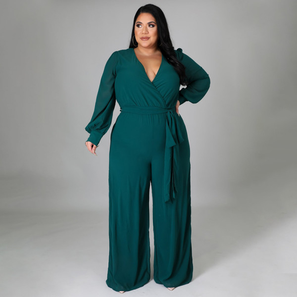 Plus Size Solid V Neck Long Sleeve Sashes Jumpsuit NNWF-7325