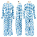 Houndstooth Print Long Sleeve Wide Leg Pants 2 Piece Sets SFY-2139