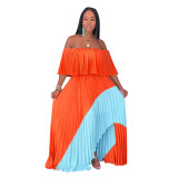 Chiffon Contrast Color Slash Neck Irregular Pleated Maxi Dress ME-Q297