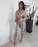 Plus Size Plaid Short Coat+Bra Top+Pants 3 Piece Sets LSL-6174