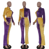 Contrast Color Velvet Long Sleeve Flared Pants 2 Piece Sets TR-1178