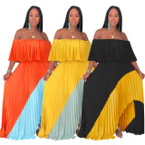 Chiffon Contrast Color Slash Neck Irregular Pleated Maxi Dress ME-Q297
