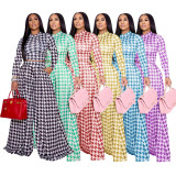 Houndstooth Print Long Sleeve Wide Leg Pants 2 Piece Sets SFY-2139