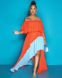 Chiffon Contrast Color Slash Neck Irregular Pleated Maxi Dress ME-Q297