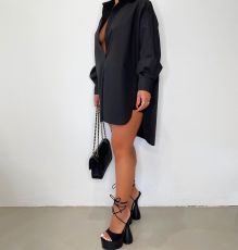 Casual Solid Long Sleeve Split Shirt Dress BGN-201