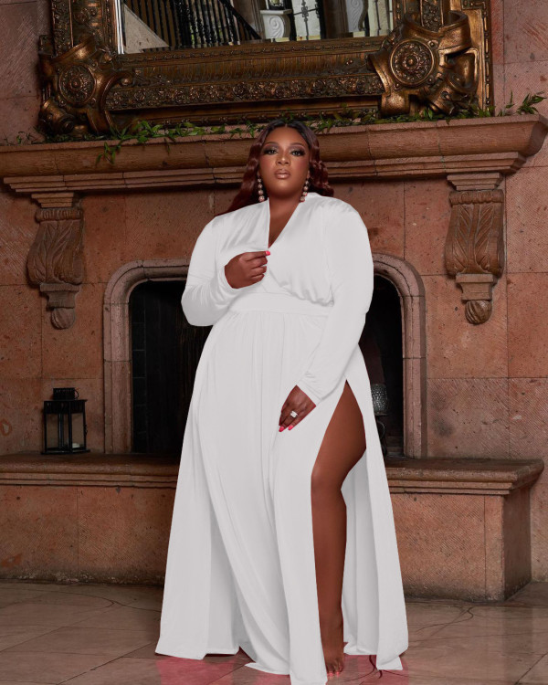 Plus Size V Neck High Split Long Sleeve Maxi Dress JRF-3655