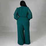 Plus Size Solid V Neck Long Sleeve Sashes Jumpsuit NNWF-7325