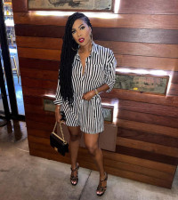 Casual Striped Long Sleeve Blouse Top And Shorts 2 Piece Sets BGN-203