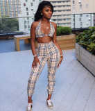 Plus Size Plaid Short Coat+Bra Top+Pants 3 Piece Sets LSL-6174