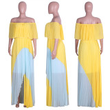 Chiffon Contrast Color Slash Neck Irregular Pleated Maxi Dress ME-Q297