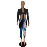 Solid Long SleeveTie-Up Top+Printed Pants 2 Piece Sets NM-8381