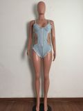 Denim Chain Hollow Out One-Piece Swimsuit LA-3281
