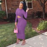 Solid Long Sleeve Ruched Slim Maxi Dress MEM-88391