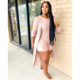 Plus Size Solid Rib Sleeveless Romper+Long Cloak 2 Piece Sets MDF-5153