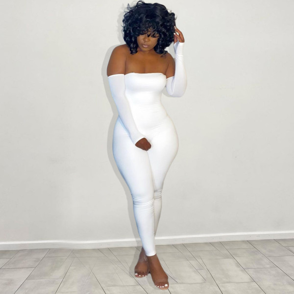 Plus Size White Off Shoulder Long Sleeve Tight Jumpsuit OMY-80057