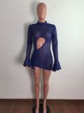 Sexy Grid Hollow Flare Sleeve Drawstring Club Dress LA-3279