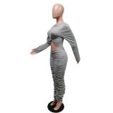 Solid Long Sleeve Ruched Slim Maxi Dress MEM-88391