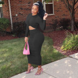 Solid Long Sleeve Ruched Slim Maxi Dress MEM-88391