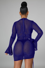 Sexy Grid Hollow Flare Sleeve Drawstring Club Dress LA-3279