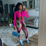 Solid Long SleeveTie-Up Top+Printed Pants 2 Piece Sets NM-8381