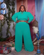 Plus Size Solid Long Sleeve Two Piece Pants Set MOF-6654