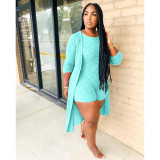 Plus Size Solid Rib Sleeveless Romper+Long Cloak 2 Piece Sets MDF-5153