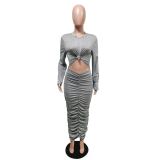 Solid Long Sleeve Ruched Slim Maxi Dress MEM-88391
