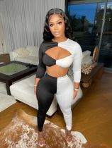 Contrast Color Hollow Crop Top And Pants 2 Piece Sets ORY-5205