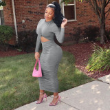 Solid Long Sleeve Ruched Slim Maxi Dress MEM-88391