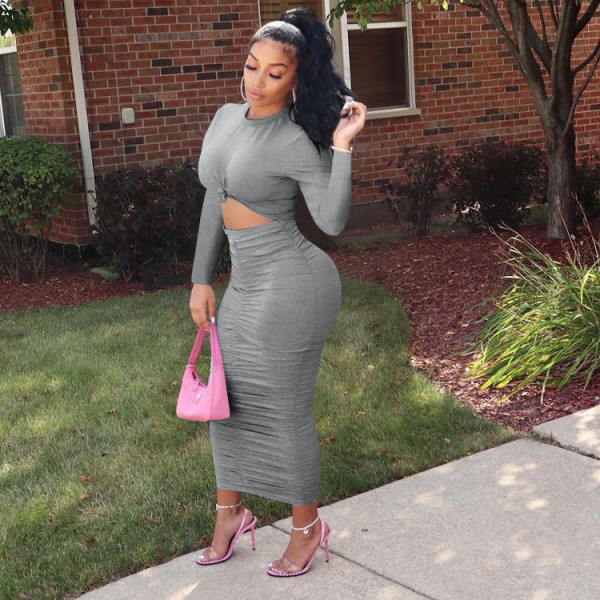 Solid Long Sleeve Ruched Slim Maxi Dress MEM-88391