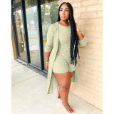 Plus Size Solid Rib Sleeveless Romper+Long Cloak 2 Piece Sets MDF-5153