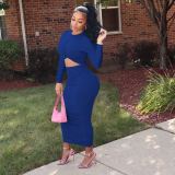 Solid Long Sleeve Ruched Slim Maxi Dress MEM-88391