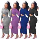 Solid Long Sleeve Ruched Slim Maxi Dress MEM-88391