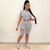 Casual Solid Hole T Shirt And Shorts Two Piece Sets LA-3277