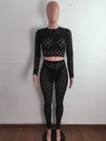 Sexy Hole Hollow Out Long Sleeve 2 Piece Pants Set LA-3278