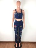 Denim Embroidery Two Piece Pants Set LA-3219